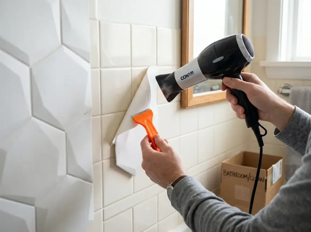 A person demonstrating how to safely remove adhesives after using them to cover rental bathroom tiles without losing their security deposit.