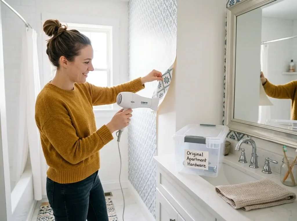 A renter safely removing temporary wallpaper with a hairdryer as part of reversing small bathroom renovation ideas.