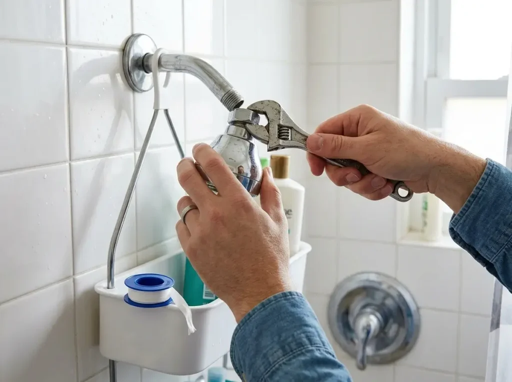 A renter using a wrench to safely swap out rental bathroom fixtures without damaging the existing plumbing.
