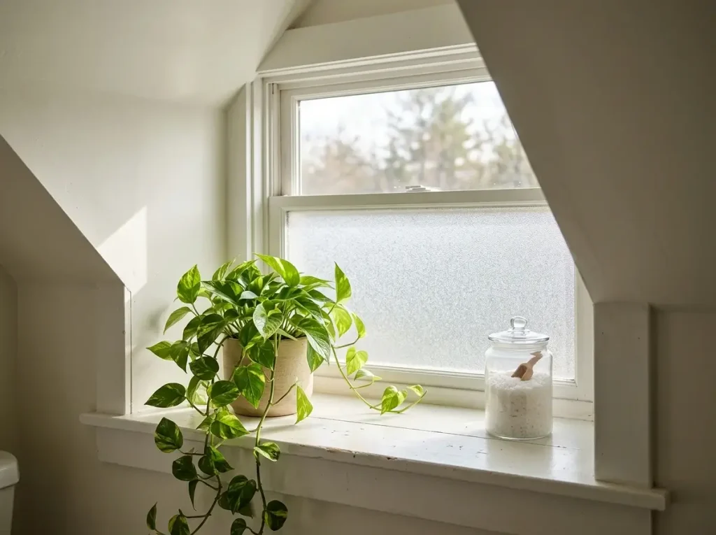 A bright dormer window with privacy film and plants showcasing clever small attic bathroom ideas for natural light and storage.
