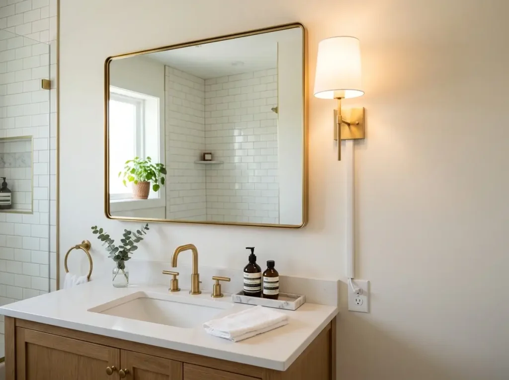 A renter-friendly bathroom vanity featuring drill-free, plug-in wall sconces and updated rental bathroom fixtures to improve lighting without rewiring.
