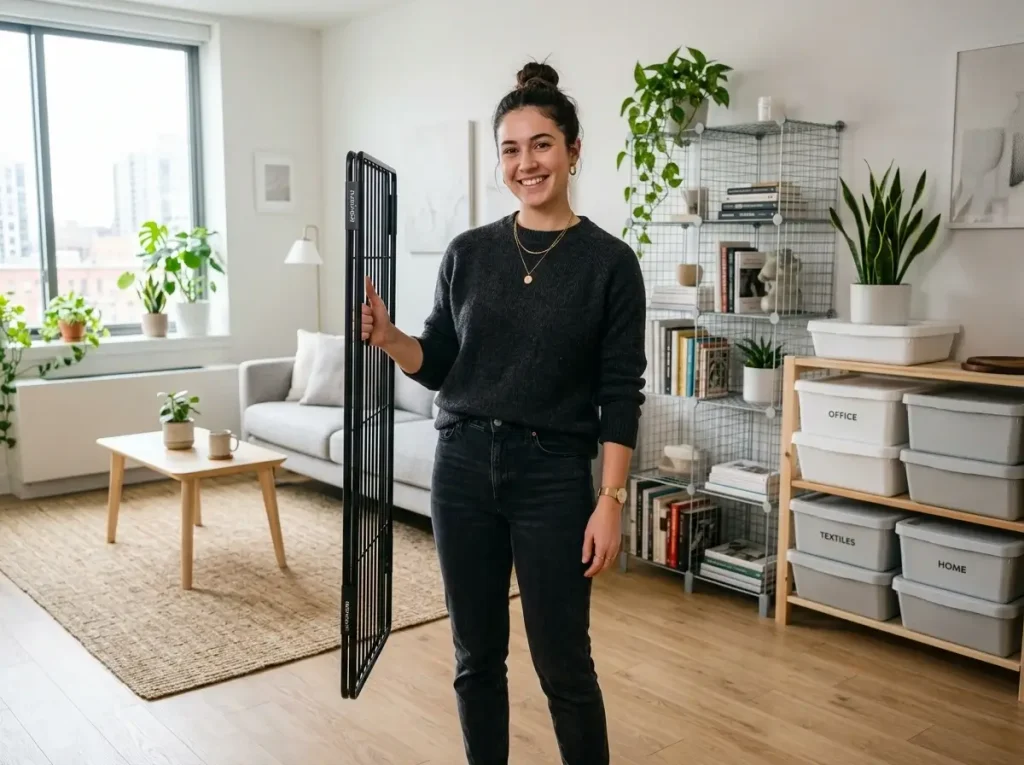 A person folding a lightweight metal storage rack flat, surrounded by portable storage furniture and modular wire grids in an apartment.