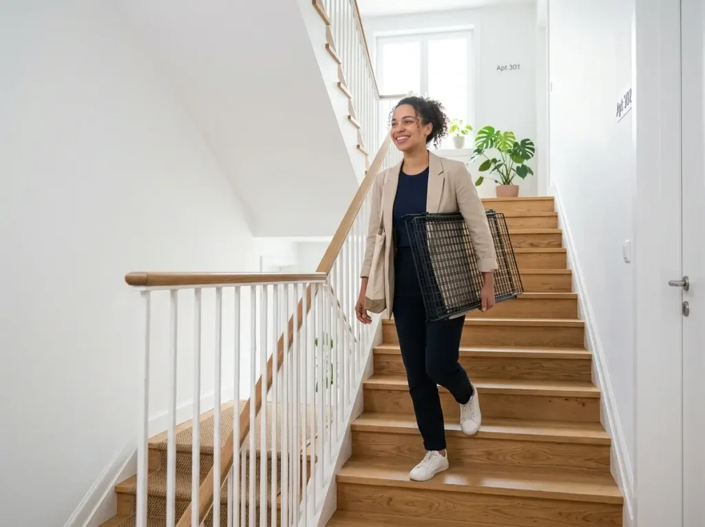 A person effortlessly carrying collapsed, lightweight portable storage furniture vertically up a narrow apartment stairwell.