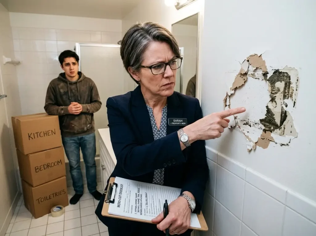 A property manager noting drywall damage during a move-out inspection because the tenant did not properly reverse rental bathroom upgrades.