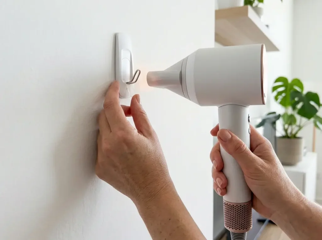 A renter using a hairdryer to properly warm and remove adhesive hooks from drywall, demonstrating damage-free drill-free storage removal techniques.