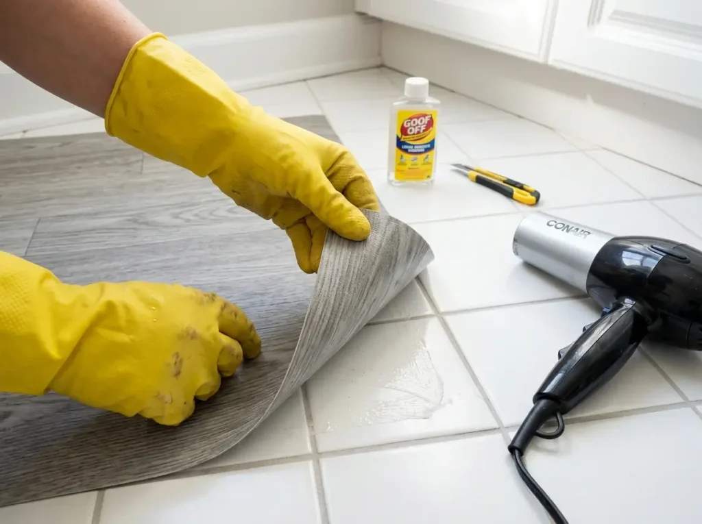 A renter peeling warm vinyl at a 45-degree angle to safely reverse rental bathroom upgrades without leaving residue.