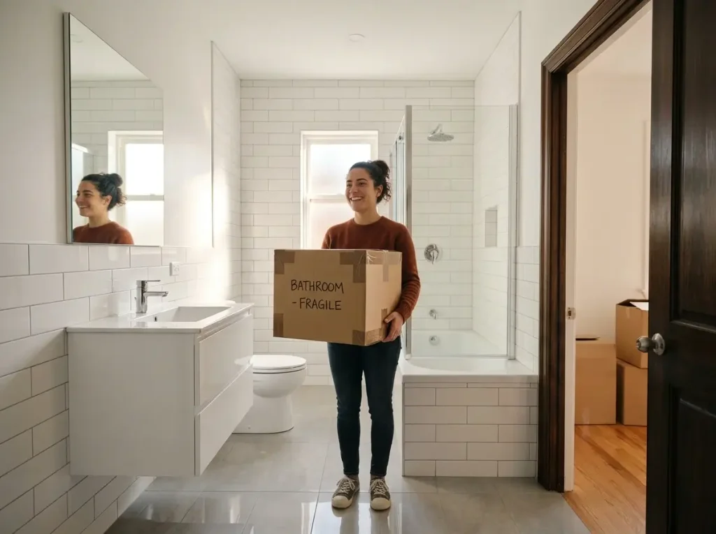 A pristine, empty apartment bathroom after a tenant successfully managed to reverse rental bathroom upgrades and secure their deposit.