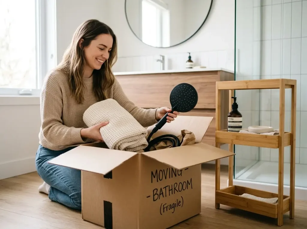 Portable renter-friendly small bathroom renovation ideas being packed for a move.