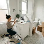 A renter carefully peeling off temporary tiles to reverse rental bathroom upgrades before moving out.
