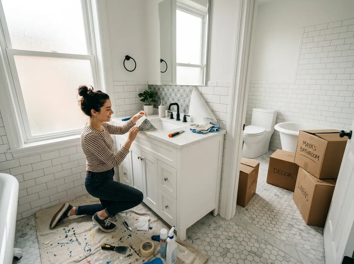 A renter carefully peeling off temporary tiles to reverse rental bathroom upgrades before moving out.