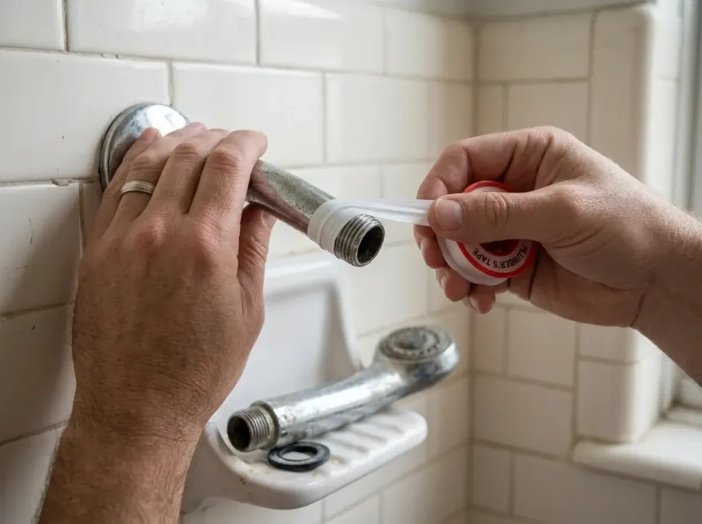 A renter properly applying Teflon tape to a shower pipe to reinstall original fixtures and safely reverse rental bathroom upgrades.