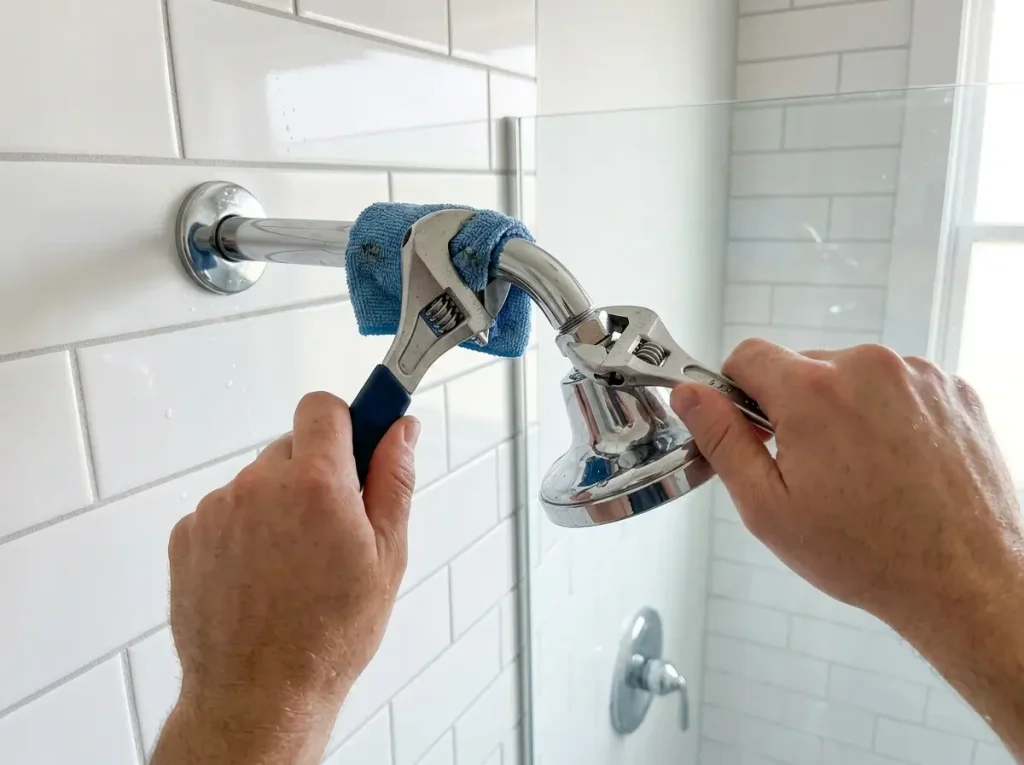 A person demonstrating the safe two-wrench method for swapping rental bathroom fixtures without damaging the pipe behind the wall.