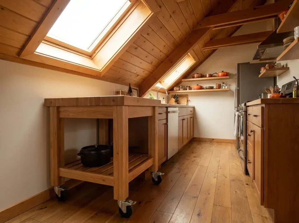 A rolling butcher-block cart stowed under a slanted ceiling showcases clever small loft kitchen ideas for tight spaces.