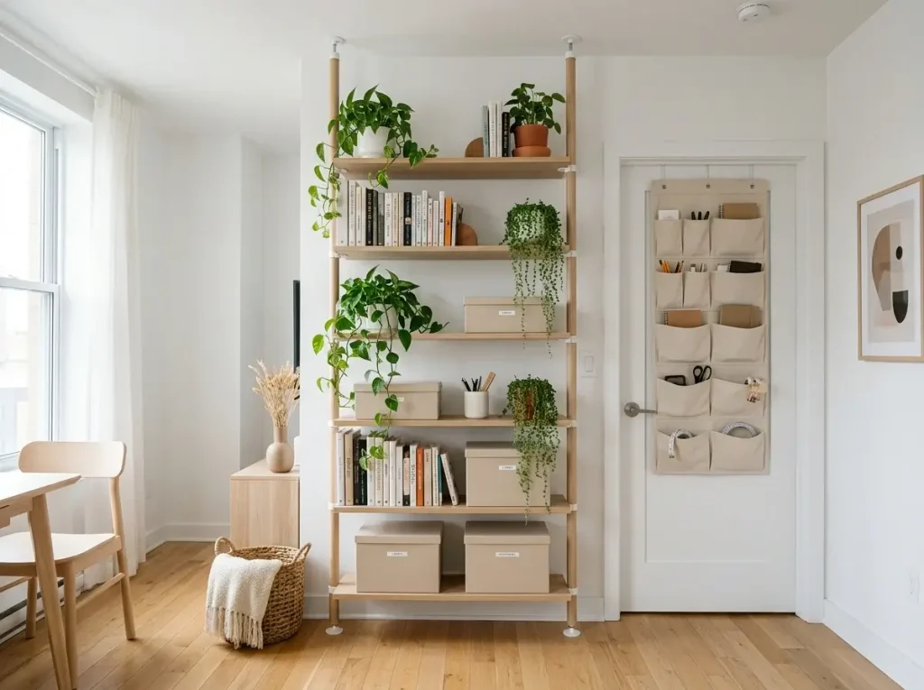 A tall tension pole shelf and over-the-door organizer demonstrating damage-free vertical multipurpose room ideas.
