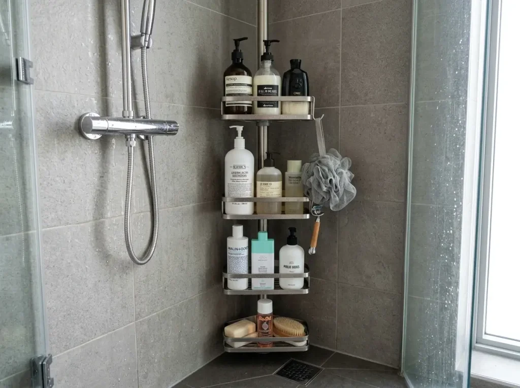 A sturdy tension rod caddy used as drill-free bathroom storage in a shower corner featuring textured tile.