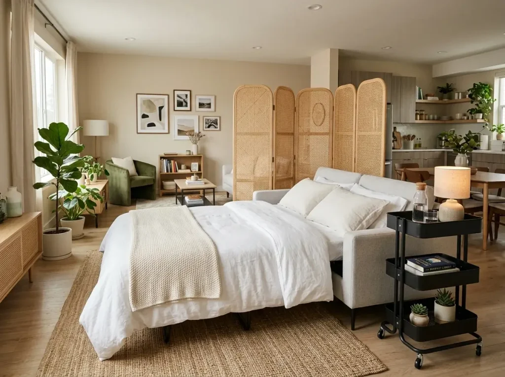 A modern living area showcasing open flex room ideas with a sleeper sofa, folding privacy screen, and rolling cart nightstand.
