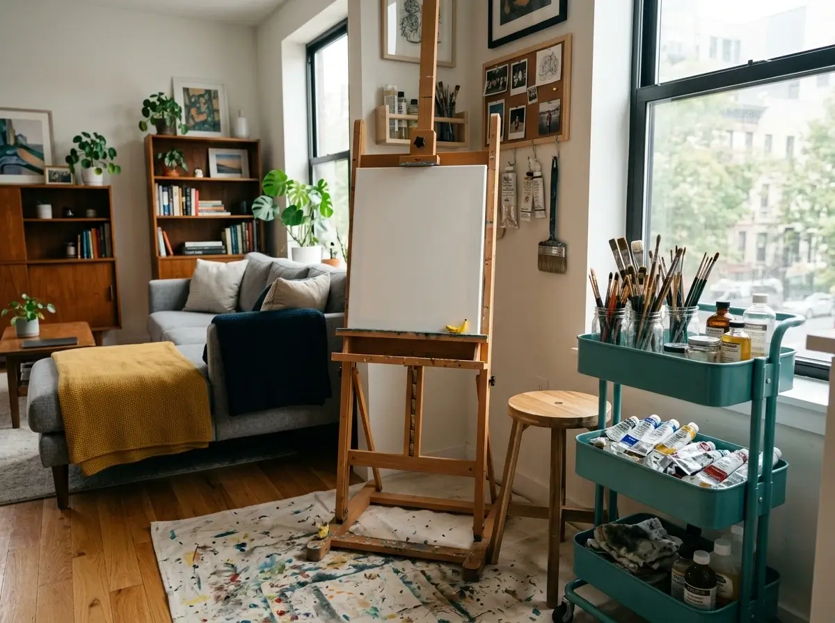 A renter-friendly small apartment art studio featuring a folding easel, a rolling cart for art supplies, and protective floor mats.