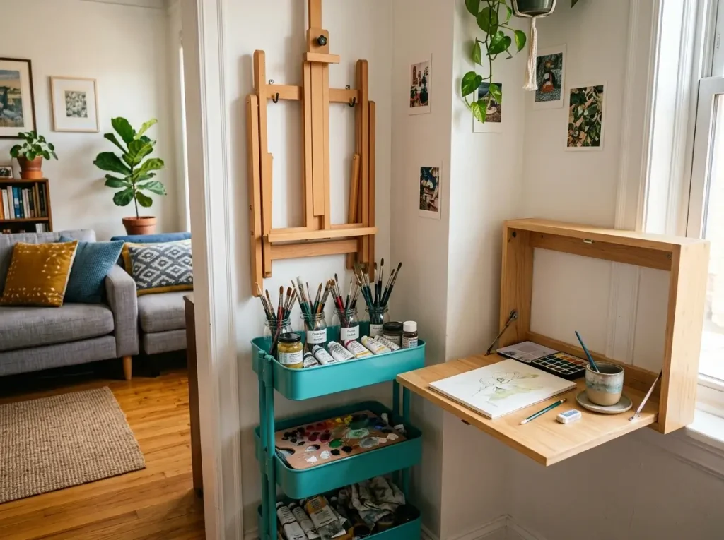 A folding easel and rolling metal cart maximizing space in a small apartment art studio.