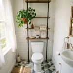 Renter-friendly small bathroom renovation ideas featuring peel-and-stick tiles and drill-free storage.