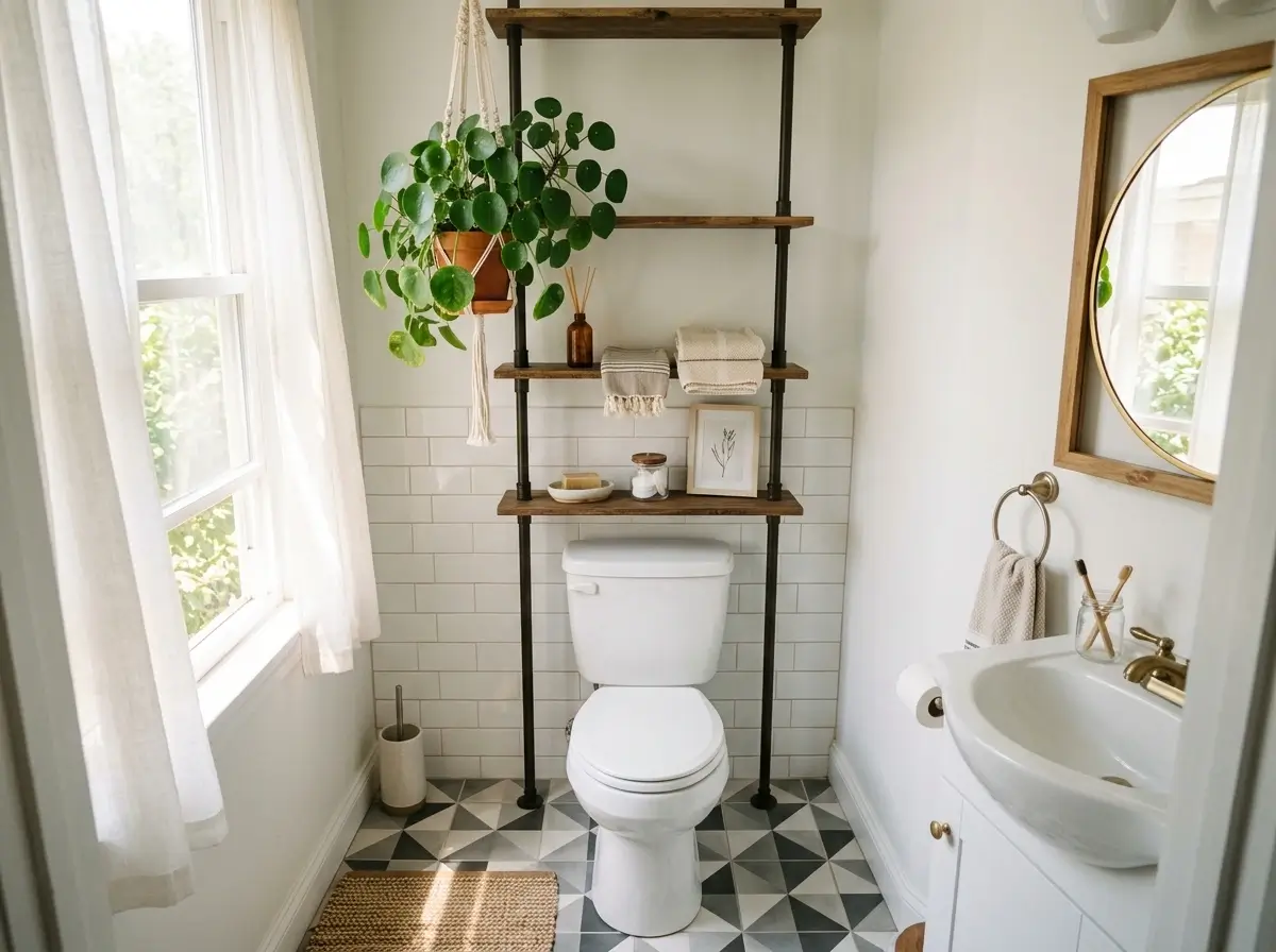 Renter-friendly small bathroom renovation ideas featuring peel-and-stick tiles and drill-free storage.