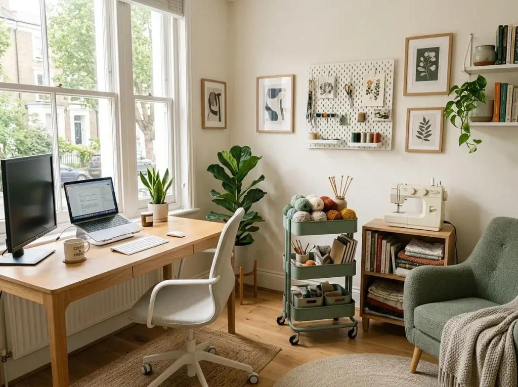 A home office sharing space with a creative hobby setup on a rolling cart, showcasing smart multipurpose room ideas.