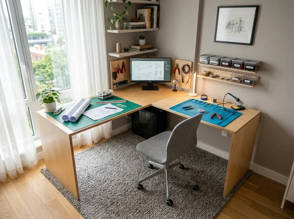 A smartly planned layout for a small hobby room showing distinct clean and dirty workstations on a wooden desk.
