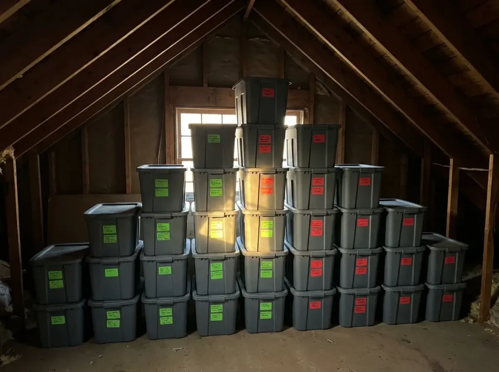 A neatly organized, pyramid-shaped stack of uniform plastic bins with bright, multi-sided labels conforming to a slanted roofline, demonstrating safe and highly visible small attic storage ideas for seasonal decor.