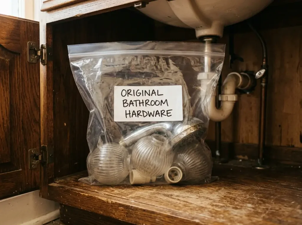 Properly storing original rental bathroom fixtures in a labeled storage bag to ensure a safe move-out and full return of a security deposit.