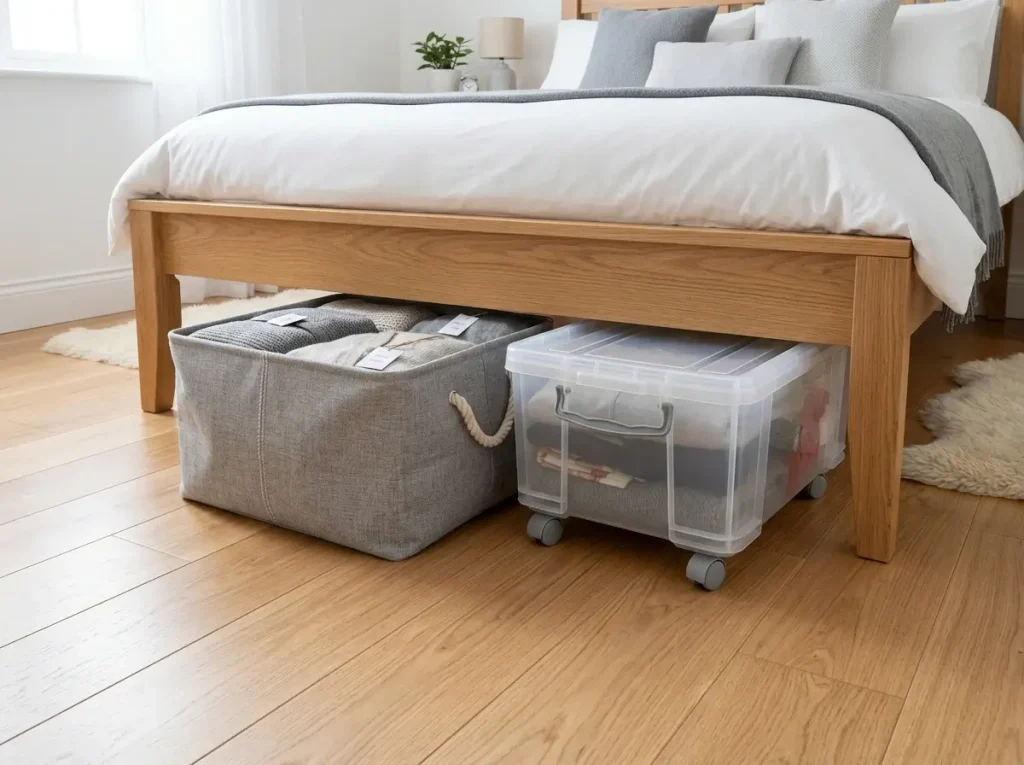 Safe under bed bins resting on hardwood floors, demonstrating the best apartment storage solutions that protect rental property flooring.