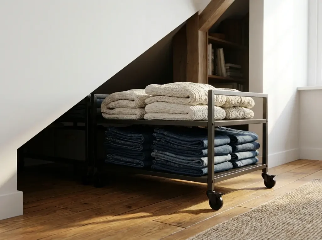 A low-profile rolling cart filled with folded jeans and sweaters pulled out from a tight eave, demonstrating highly functional small attic closet ideas for slanted ceilings.