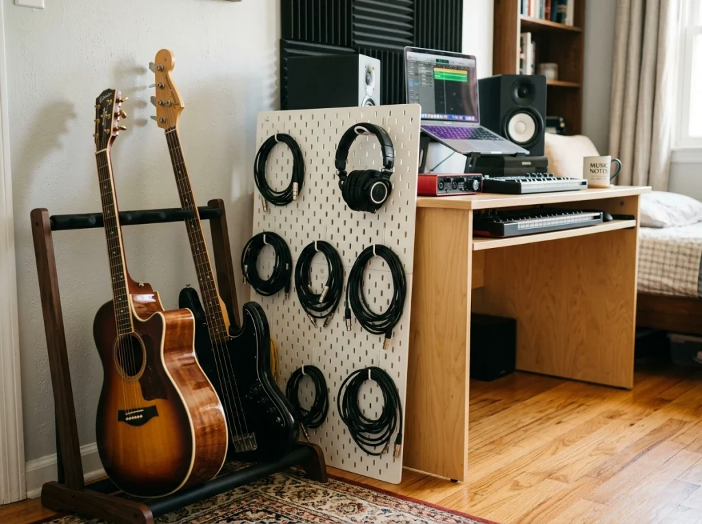 Drill-free organization utilizing leaning pegboards and floor racks are essential small bedroom music studio ideas.