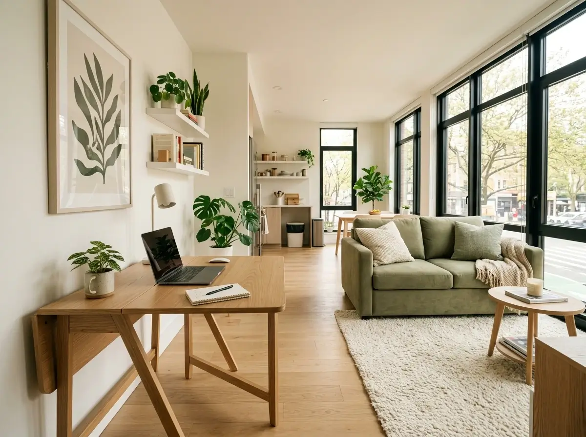 A beautifully organized apartment showcasing open flex room ideas with a folding desk and sleeper sofa.