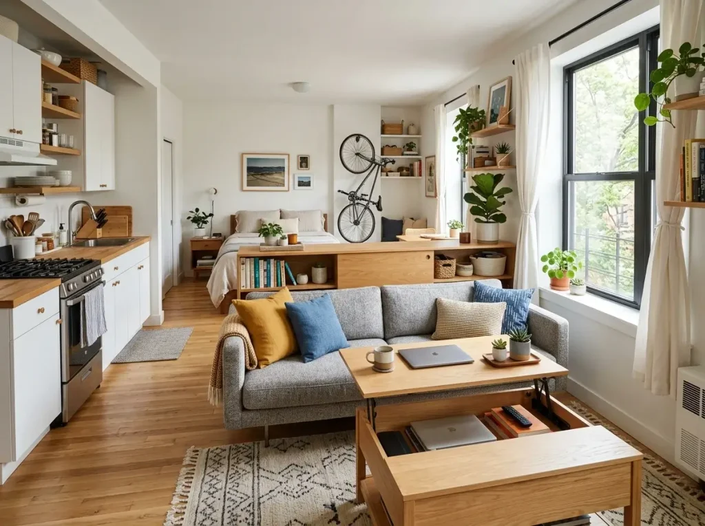 A tightly constrained 400-square-foot apartment demonstrating the best apartment storage solutions by hiding a bulky credenza behind a floating sofa.