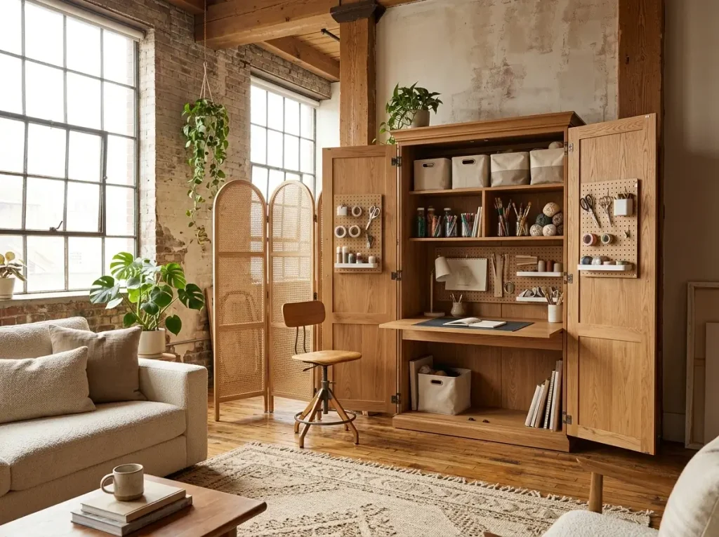 A wooden armoire and decorative folding screen demonstrating diy small craft room ideas for open concept apartments.