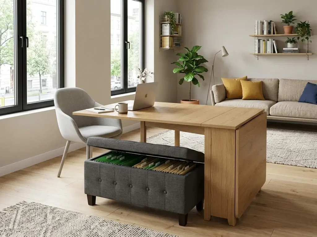 A home office using a drop leaf table and storage ottoman, demonstrating smart multipurpose room ideas for small spaces.