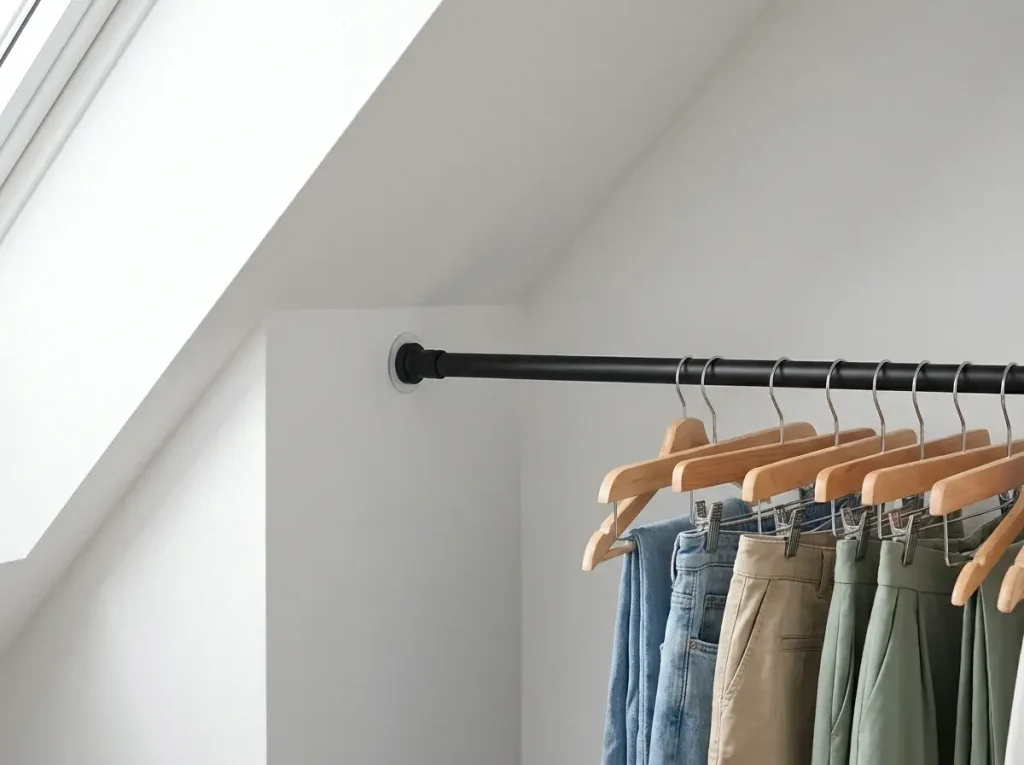 A close-up of a heavy-duty tension rod securely holding neatly folded pants under a slanted ceiling, showcasing damage-free small attic closet ideas for awkward low spaces.