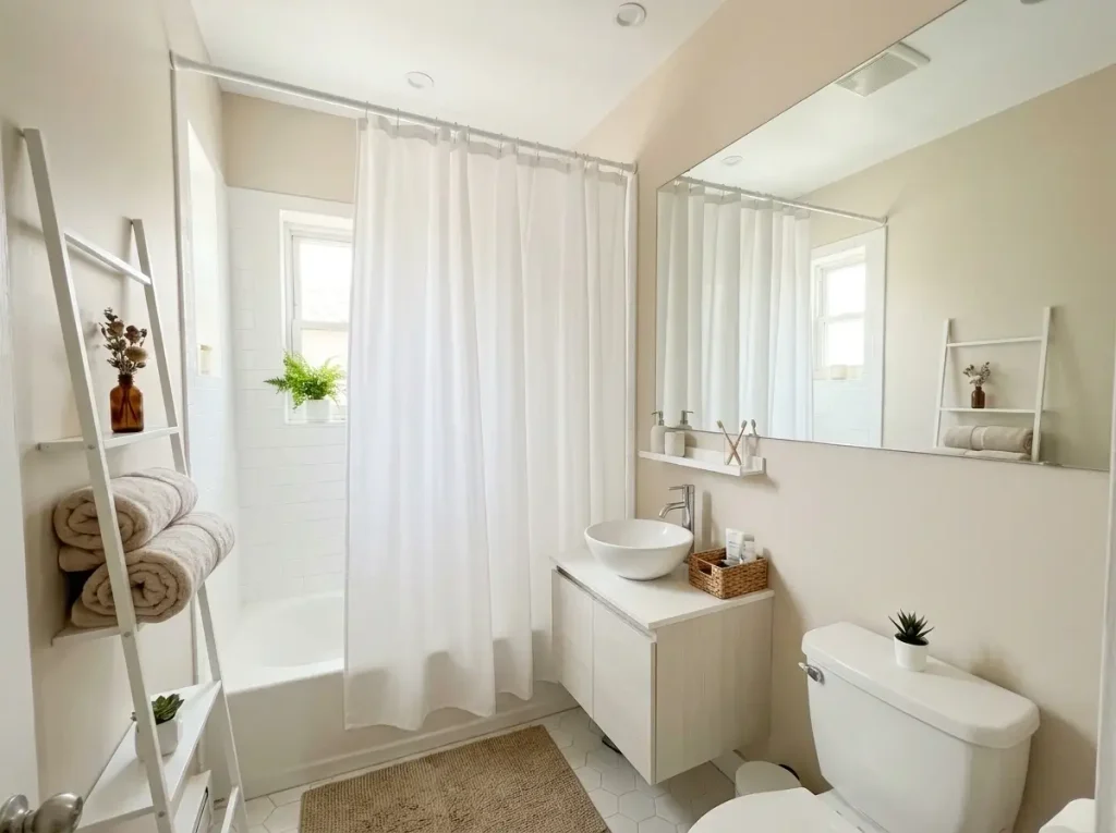 A bright tiny bathroom demonstrating visual small bathroom renovation ideas like an elevated shower curtain and oversized mirror.