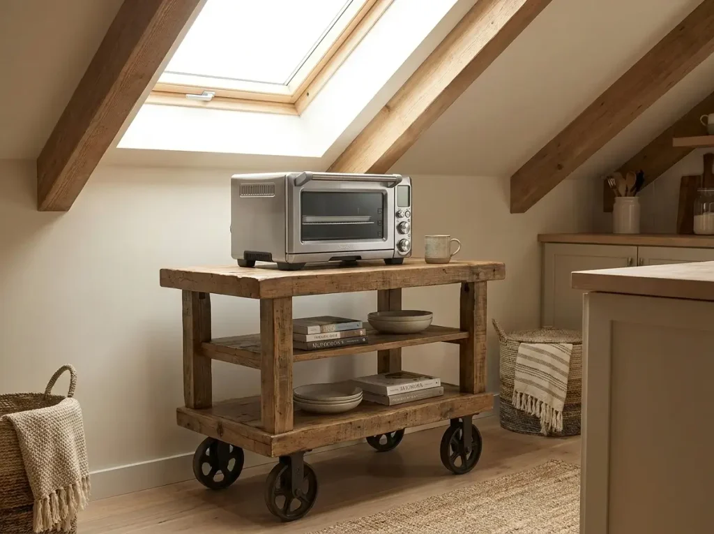 A toaster oven placed on a mobile cart with plenty of ceiling clearance demonstrates safe small loft kitchen ideas for heat dissipation.