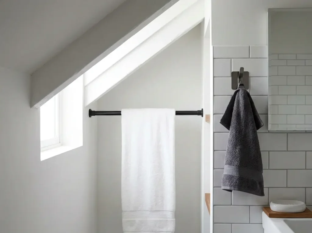 A clever execution of small attic bathroom ideas showing a black tension rod used as a drill-free towel bar in a narrow alcove.