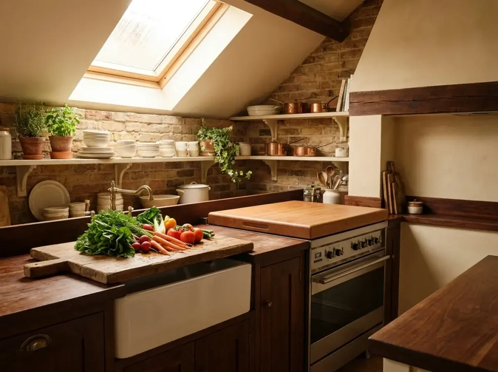 An over-the-sink cutting board and wooden stovetop cover highlight clever small loft kitchen ideas for expanding counter space.