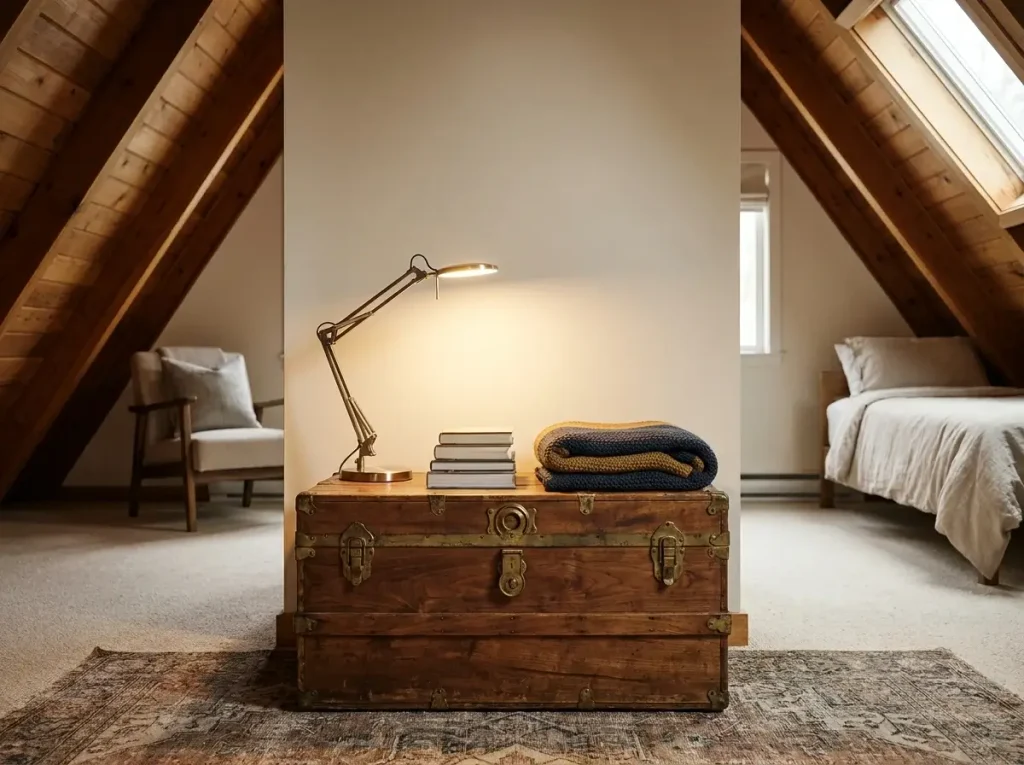 A beautifully decorated multi-use room with slanted ceilings showcasing small attic storage ideas, featuring a vintage flat-topped trunk against a gable wall functioning as a stylish nightstand with a lamp and books.