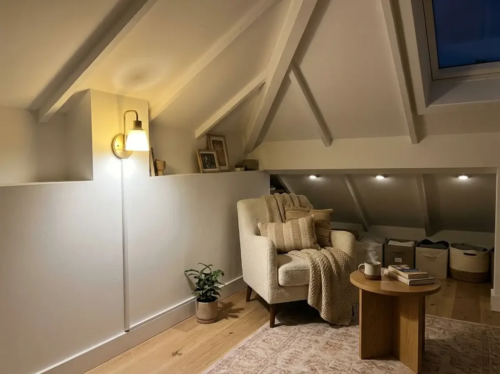 A well lit reading nook showcasing drill-free lighting and small attic apartment ideas for dark eaves.