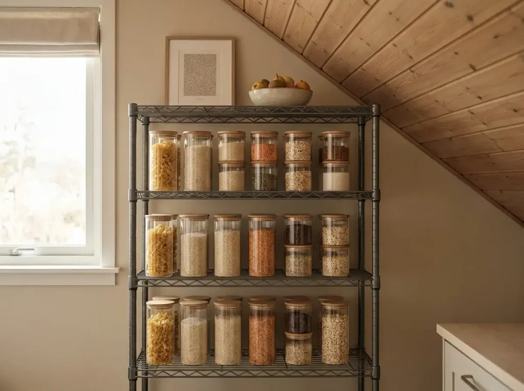 Stackable airtight containers on a wire shelving rack showcase practical small loft kitchen ideas for dry food storage without drilling.
