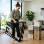 A woman easily folding up portable storage furniture and aesthetic moving bins for a stress-free apartment relocation.