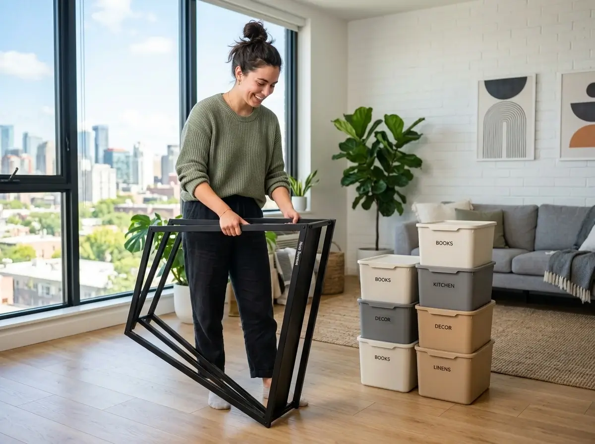 A woman easily folding up portable storage furniture and aesthetic moving bins for a stress-free apartment relocation.
