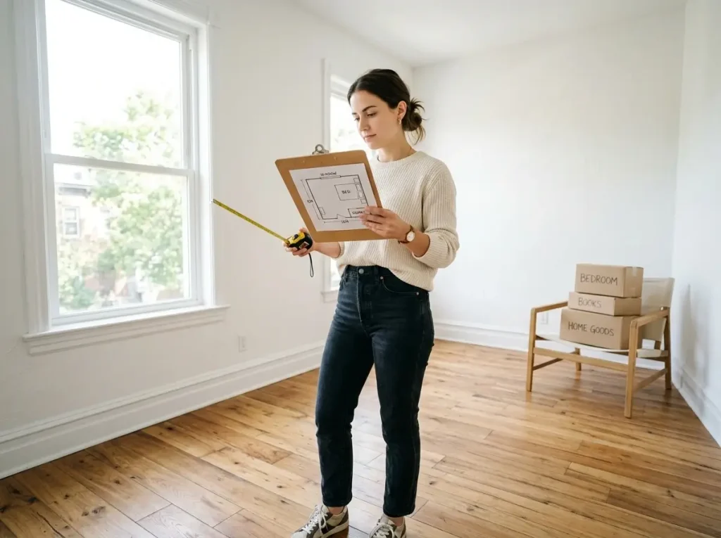 A person measuring an empty apartment room to plan layout options and multipurpose room ideas.