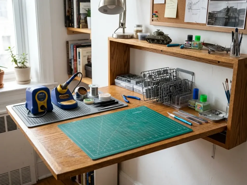 A sturdy fold-down desk provides a durable and protective workspace inside a small hobby room.