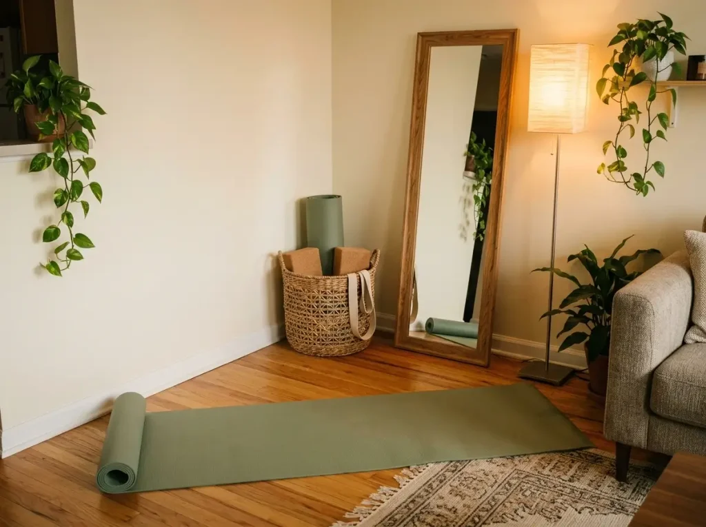 A freestanding mirror and woven storage basket demonstrating diy small craft room ideas for a compact yoga space.